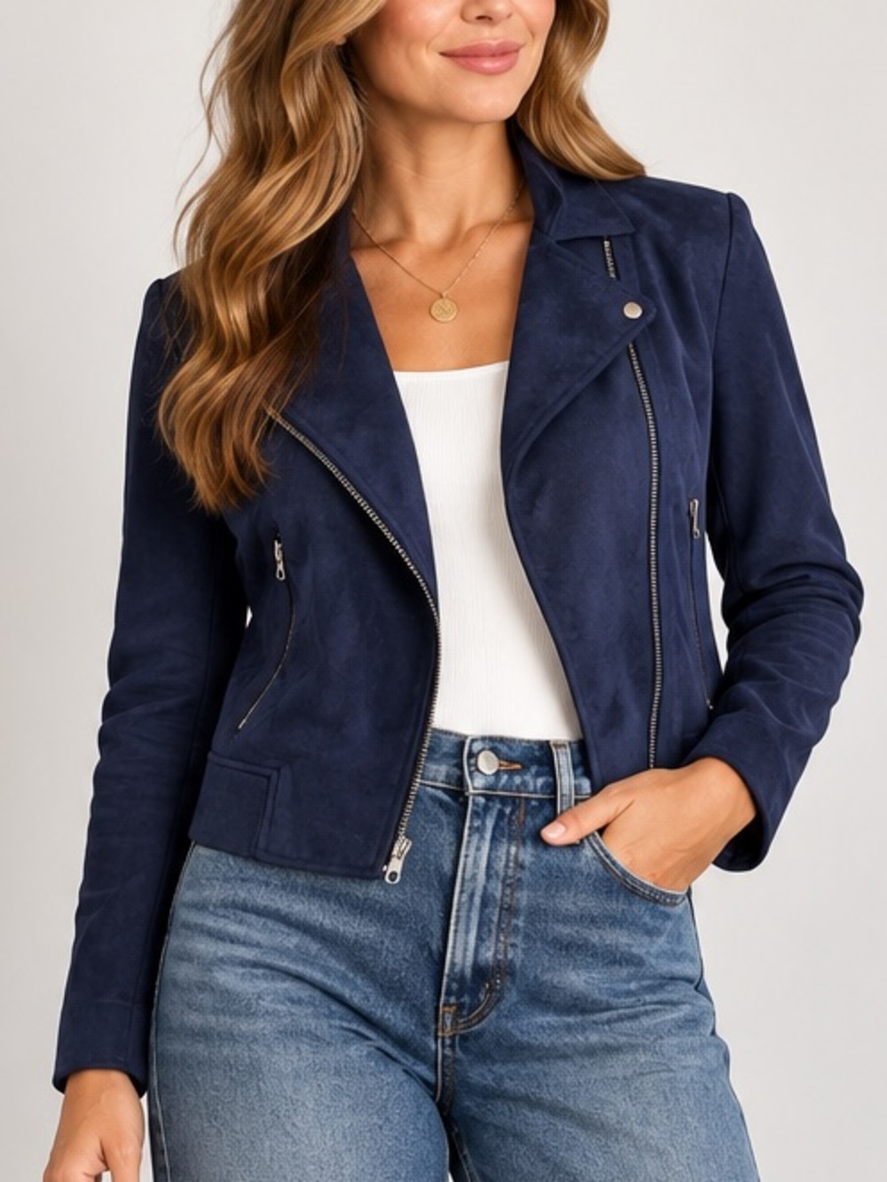 Banana Republic Navy Faux Suede Moto Jacket Asymmetrical Zip Petite SP